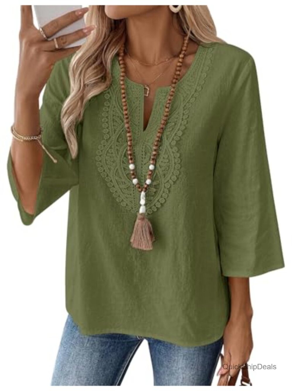 Womens 3/4 Sleeve Linen Cotton Tunic Top Loose Fit V-Neck Blouse